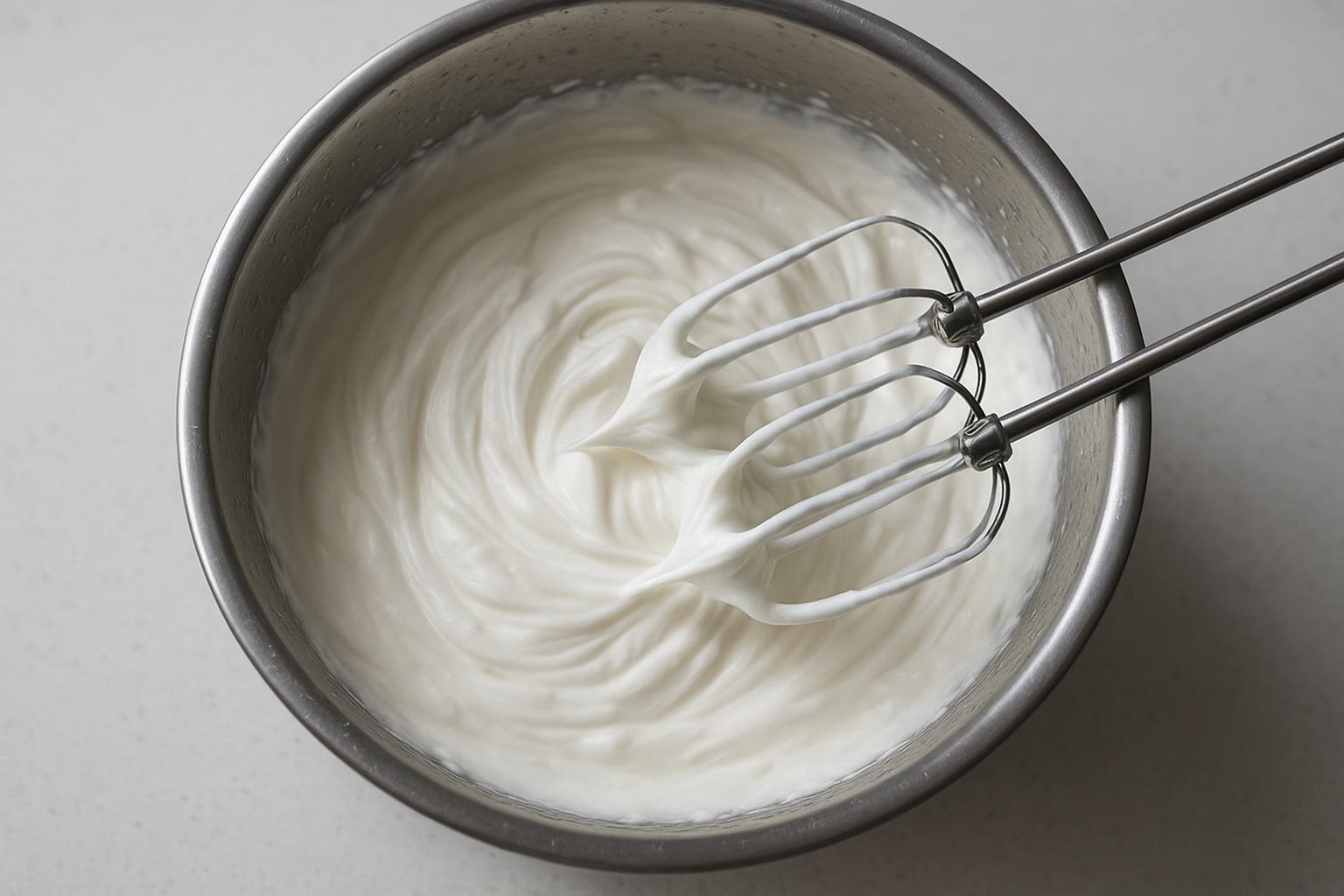 Montare la panna fresca a neve ferma in una ciotola fredda con le fruste sollevate.