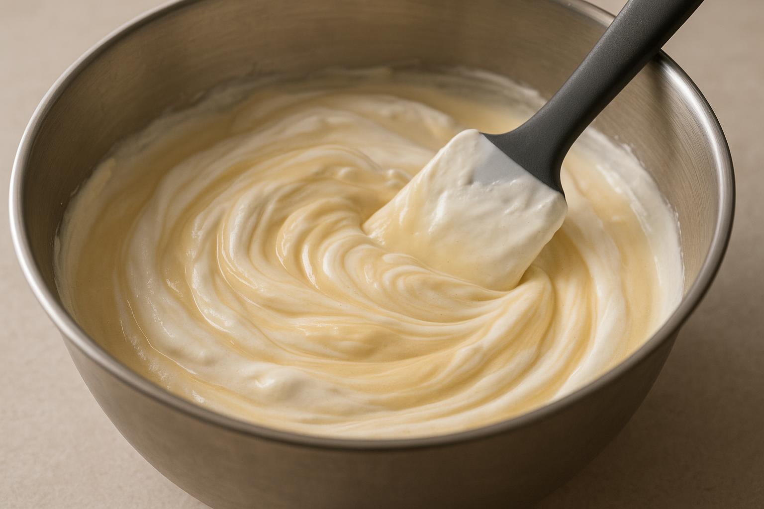 Incorporare delicatamente la panna montata al latte condensato con una spatola, evidenziando una leggera marezzatura.