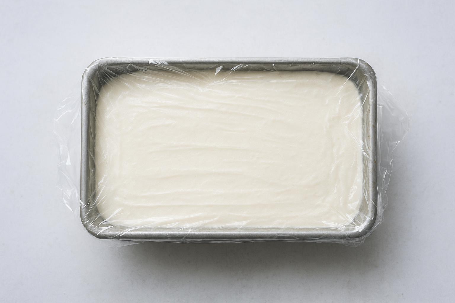 Pellicola trasparente premuta sulla superficie della base del gelato in uno stampo da plumcake in metallo.