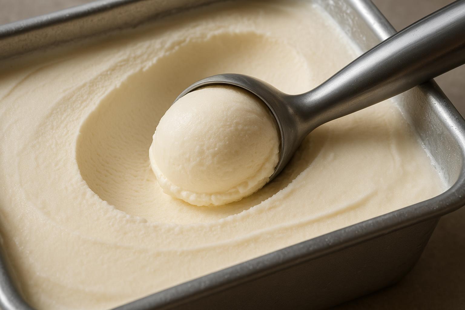 Prelevare del cremoso gelato alla vaniglia fatto in casa da uno stampo da plumcake.
