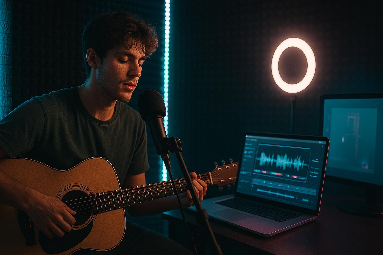 Indie artist filming a budget-friendly music video with smartphone and AI tools on a laptop