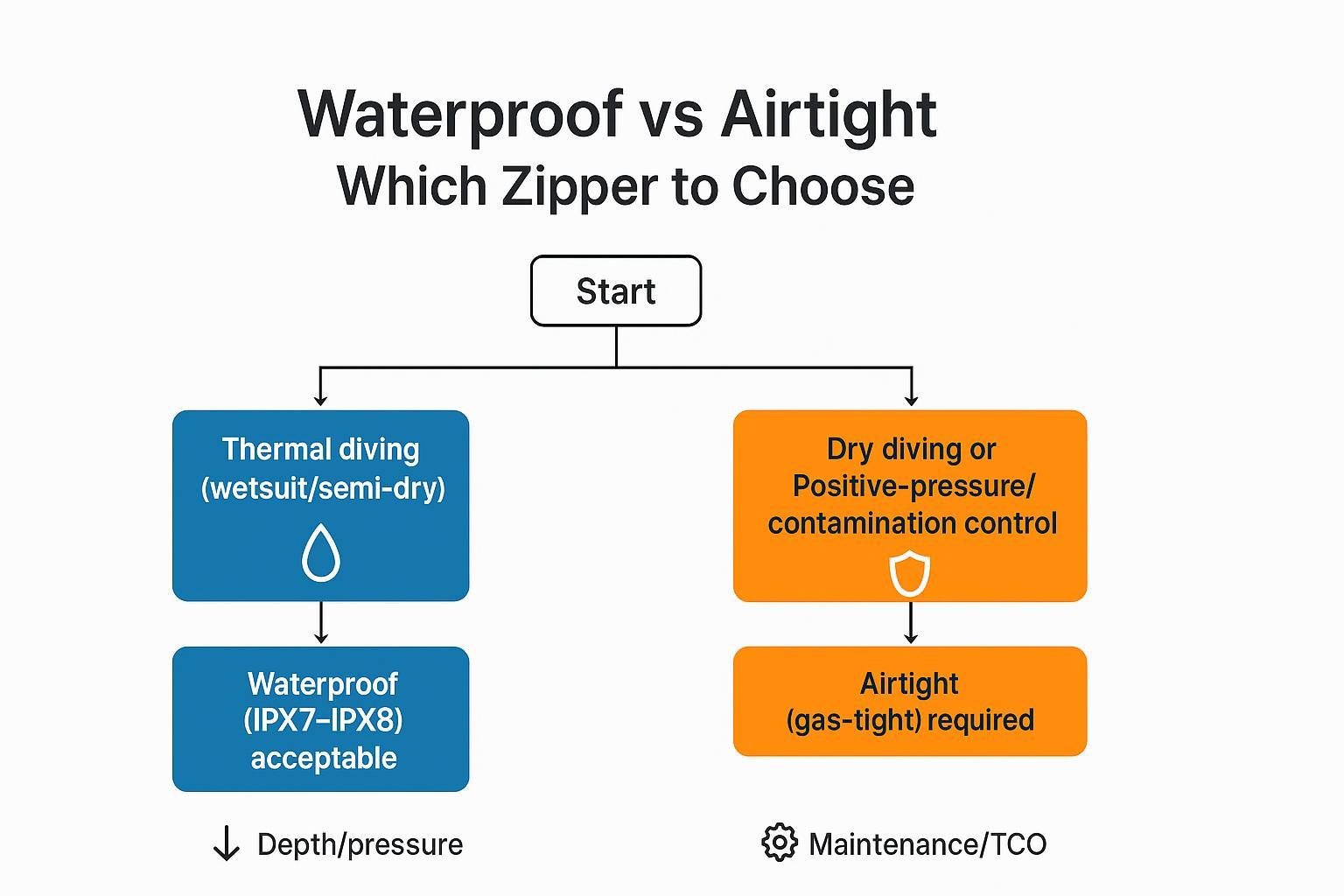 Flowchart showing decision between waterproof and airtight zippers based on use-case function