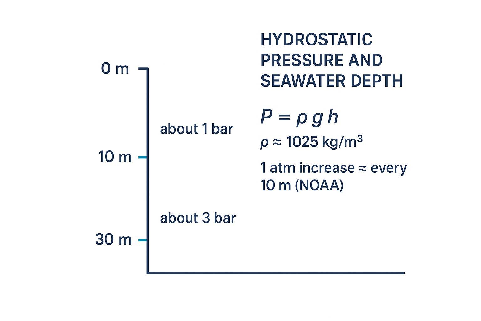 Hydrostatic pressure vs depth diagram with 10 m and 30 m markers and approximate gauge pressures