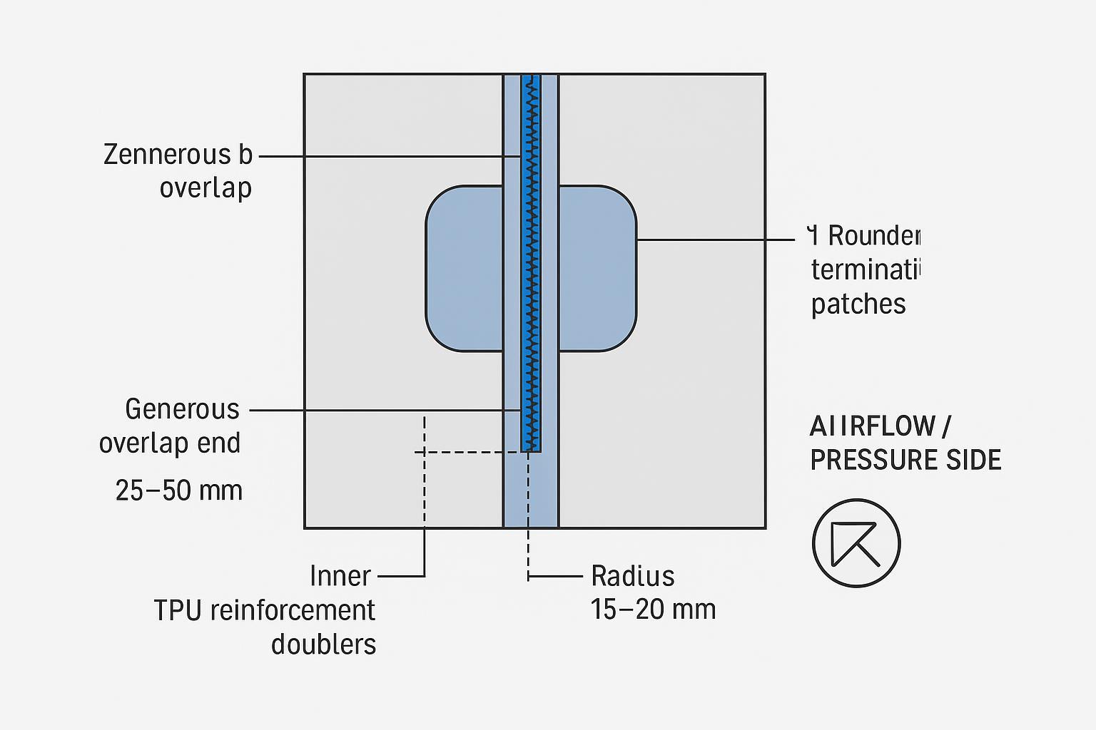 Diagram of reinforcement patches and rounded end-terminations for an airtight zipper on a TPU-coated inflatable tent panel.