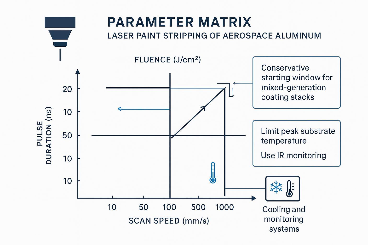 Infographic matrix of fluence, pulse duration, scan speed, overlap, and multi-pass strategy with thermal control tips for laser paint stripping
