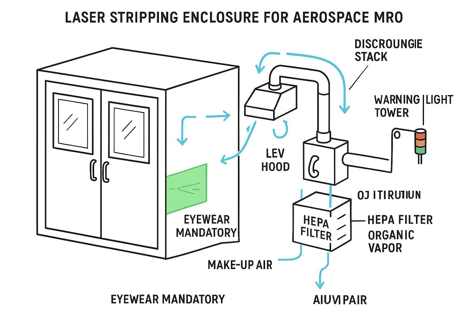 Schematic of an interlocked enclosure with LEV, HEPA and carbon filtration, eyewear zones, and safety interlocks for laser paint stripping