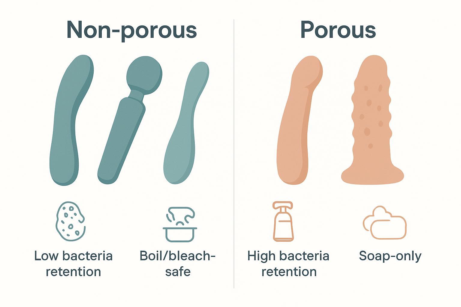 Educational diagram comparing non-porous and porous sex toy materials with hygiene and sensitive-skin cues.