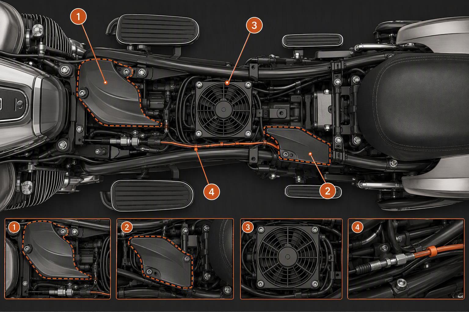 a top-down view of a Harley Touring mid-frame area with the left and right deflector positions, the CoolFlow Fan location and the cruise-control cable