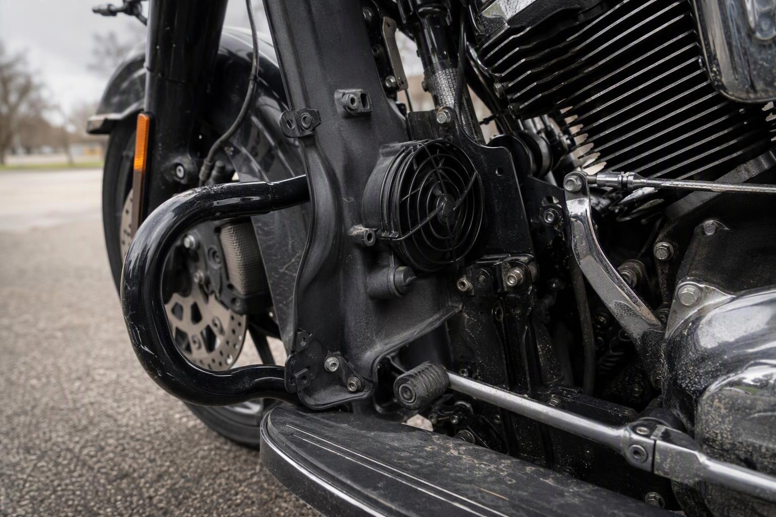 a close-up of the mid-frame area on a 2017-later Touring bike showing the CoolFlow Fan installed and the deflector mounting points beside it