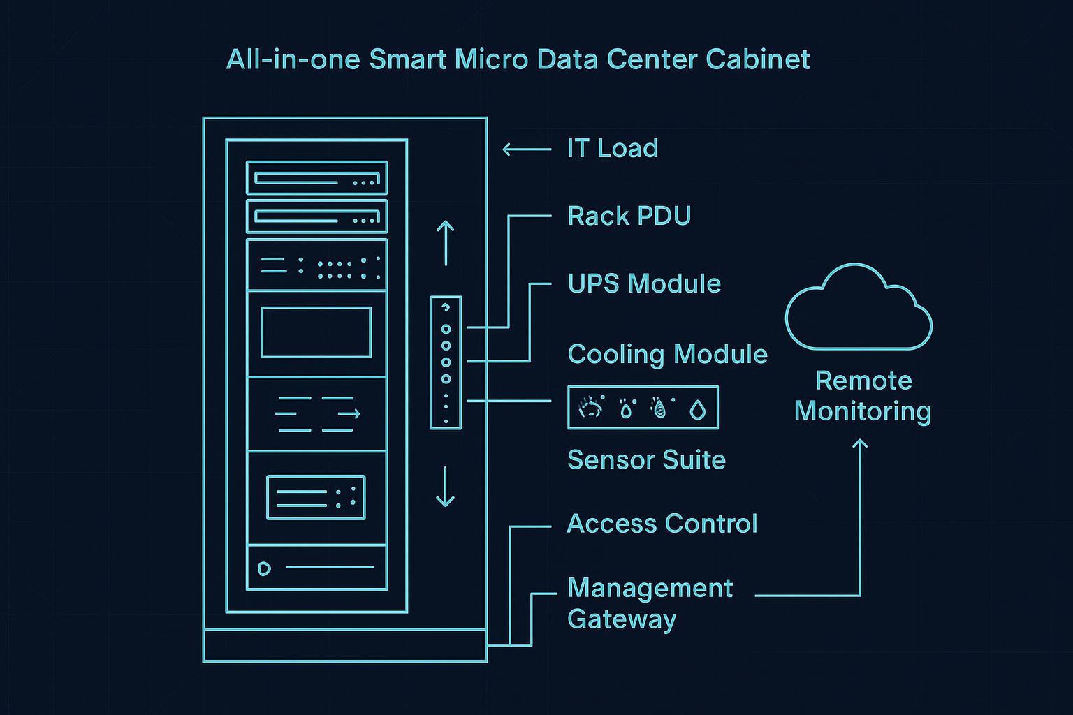 Architecture diagram of an all-in-one smart micro data center cabinet (power, cooling, monitoring, security)