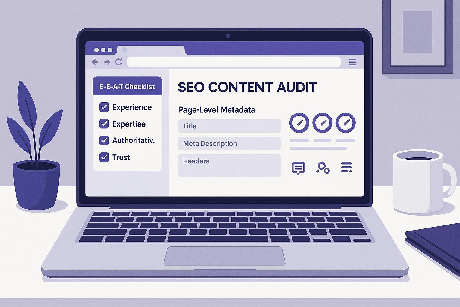 Cover image: Browser-based SEO content quality audit with E-E-A-T checklist and on-page SEO signals.