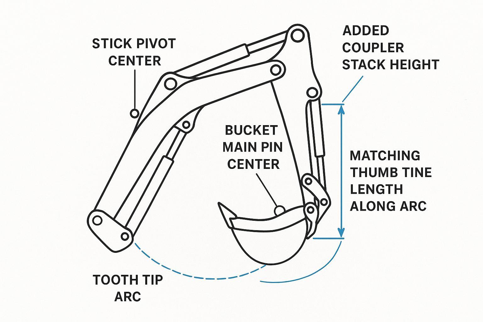 Diagram showing bucket tip radius measurement and coupler stack height for matching a hydraulic thumb