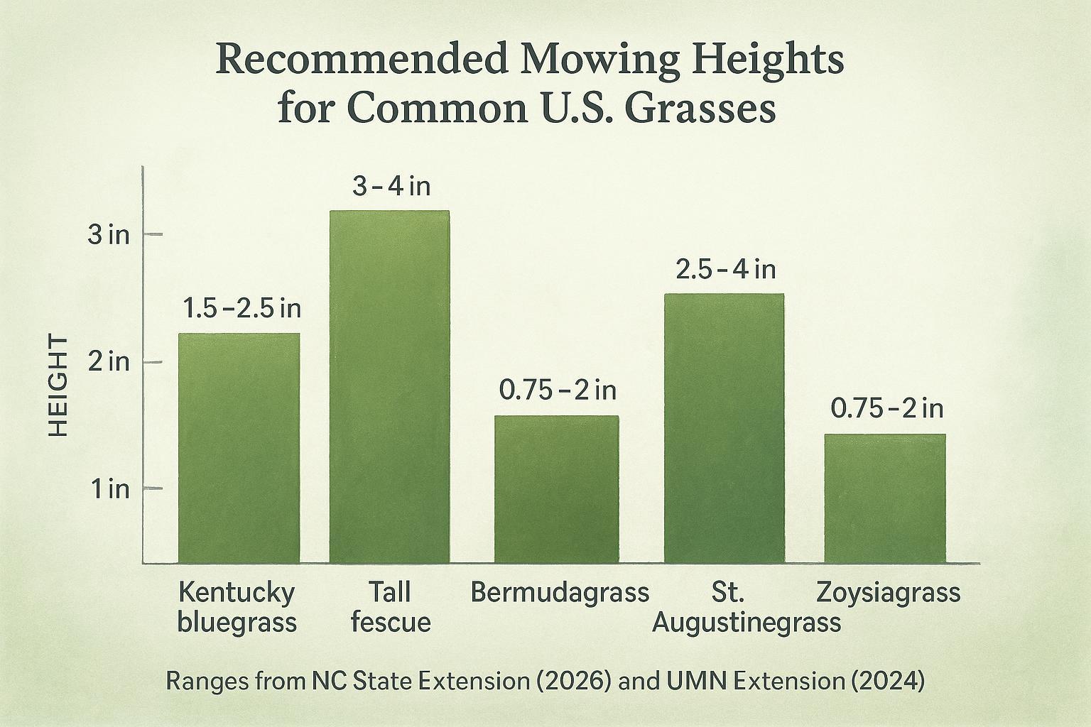 Bar chart of recommended cutting heights for common U.S. lawn grasses