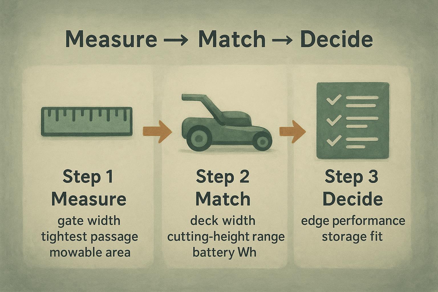 Workflow diagram showing Measure, Match, and Decide steps for choosing a small‑yard electric mower