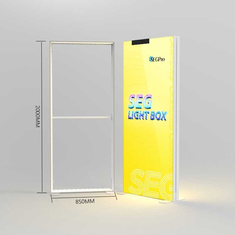 a large backlit SEG wall photographed with the fabric removed, showing the evenly spaced rows of LED modules and the diffuser sheet behind them