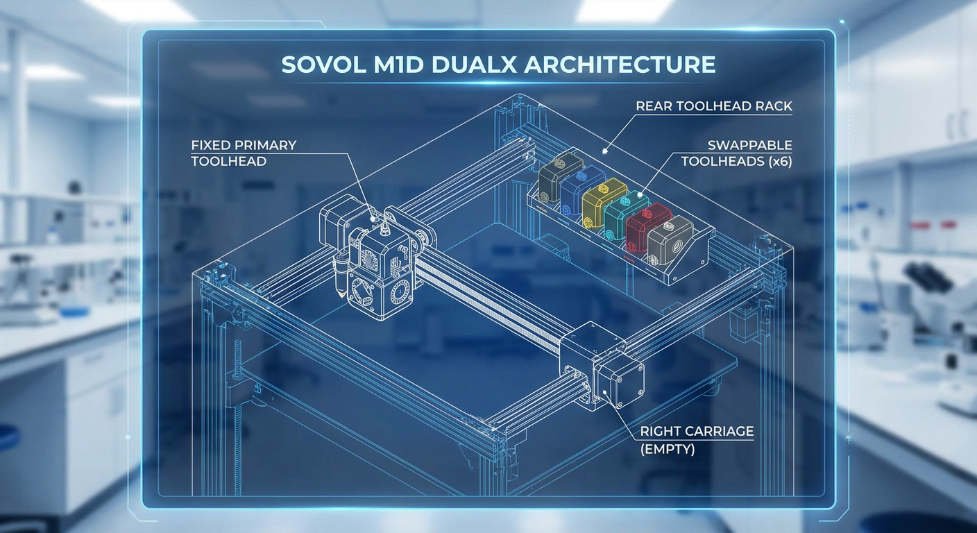 Sovol M1D DualX Architecture showing 1 fixed toolhead and 6 swappable dockable toolheads