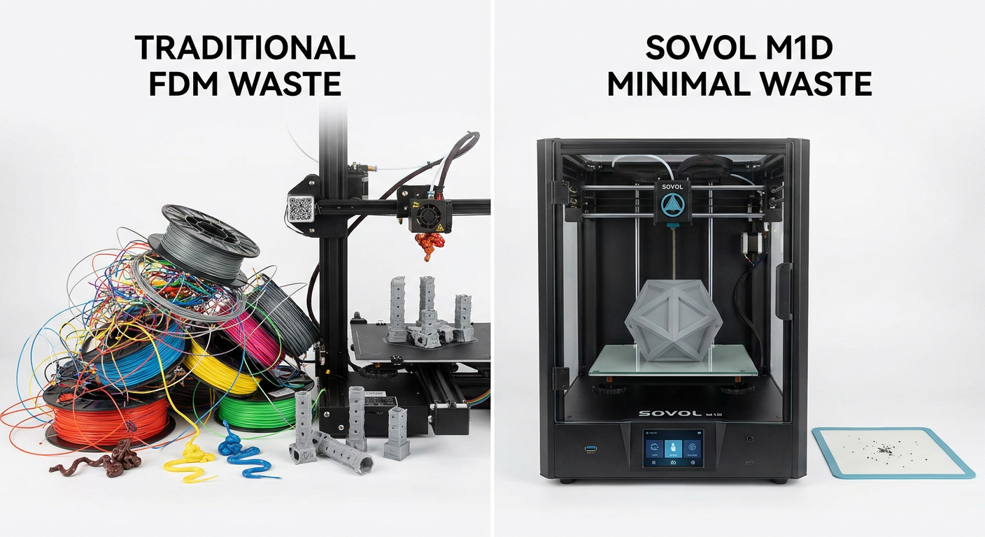 Comparison of single-nozzle purge waste poop tower versus Sovol M1D zero-purge toolhead switching