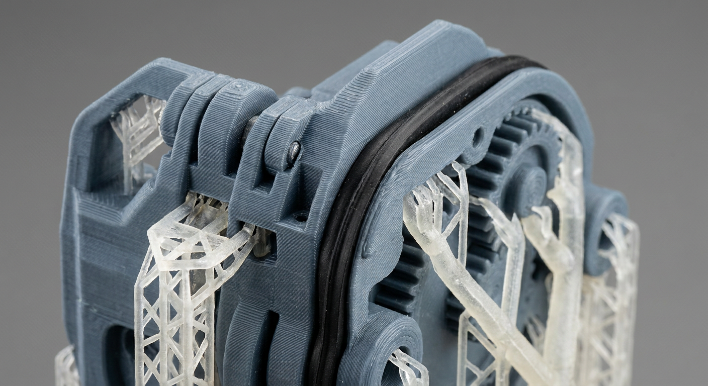 Functional 3D printed part combining rigid PLA, flexible TPU gasket, and soluble PVA supports