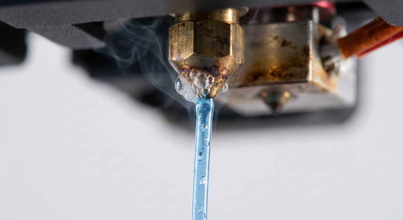 Close-up of wet filament extruding from a 3D printer nozzle with steam bubbles popping