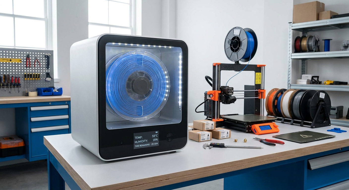 Active 3D printing filament dryer chamber operating on a workshop bench