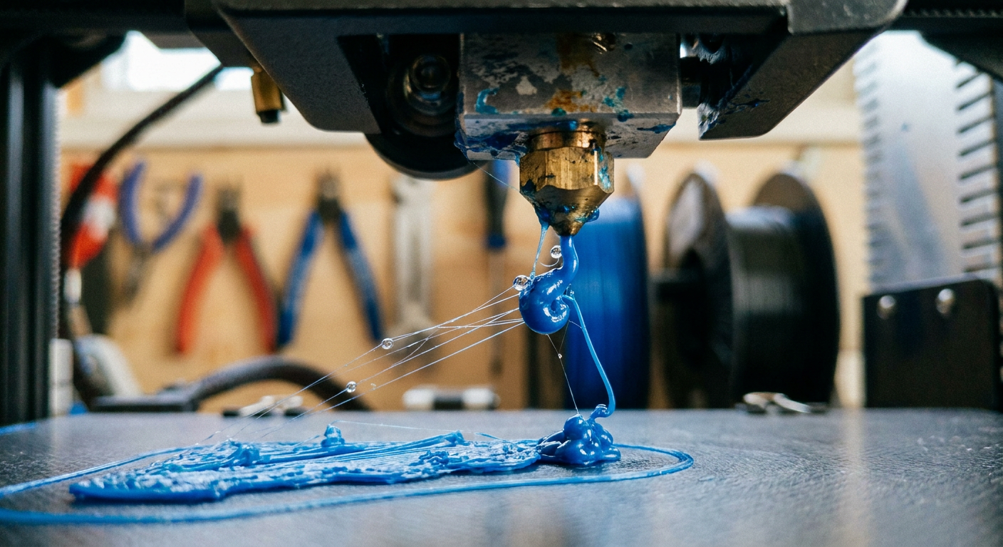 Wet filament symptoms showing stringing and oozing during 3D printing
