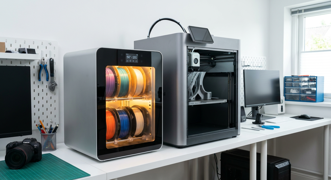 Active 3D printing filament dryer setup in a workshop