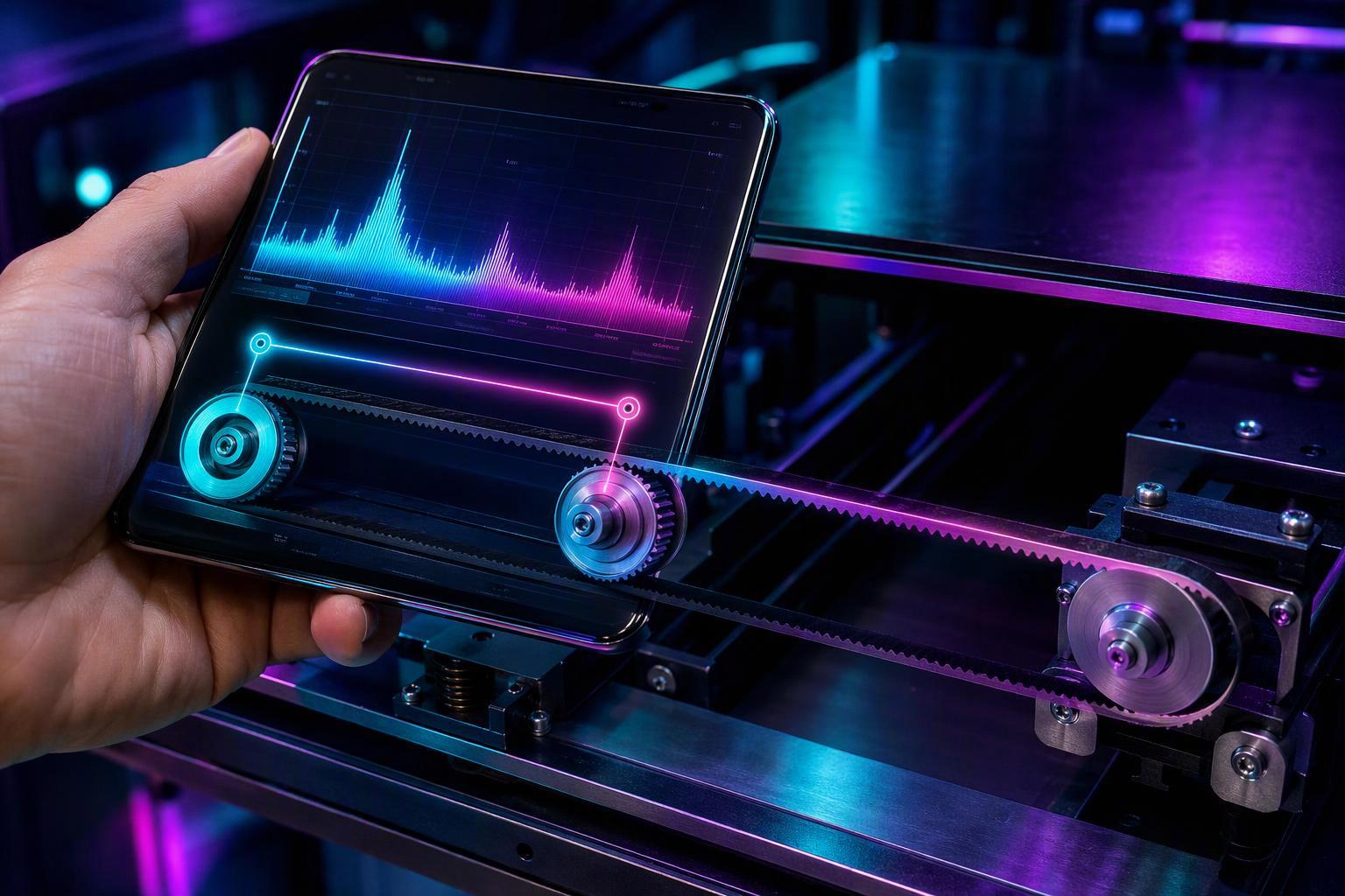 a phone held over an exposed belt span with a spectrum-app reading on screen, the measured span marked between the idler and