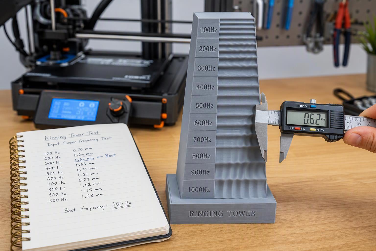 a ringing tower test model on a workbench with a caliper measuring ripple spacing and a notebook of measurements