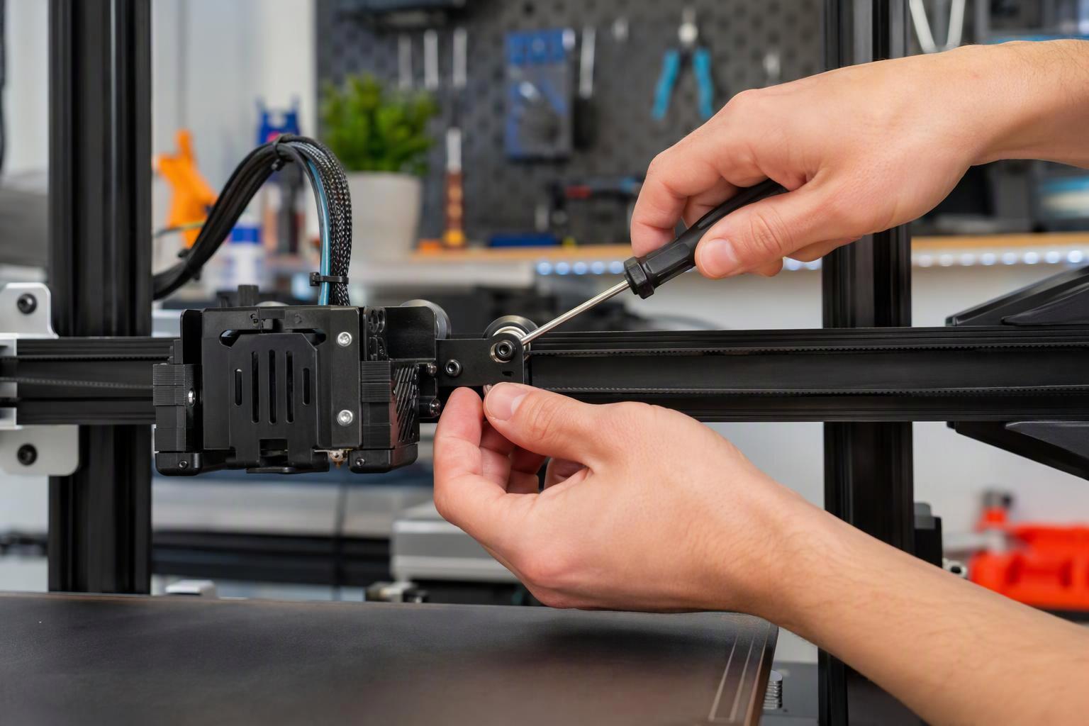 a maker tightening a pulley grub screw and checking the belt path on a 3D printer gantry