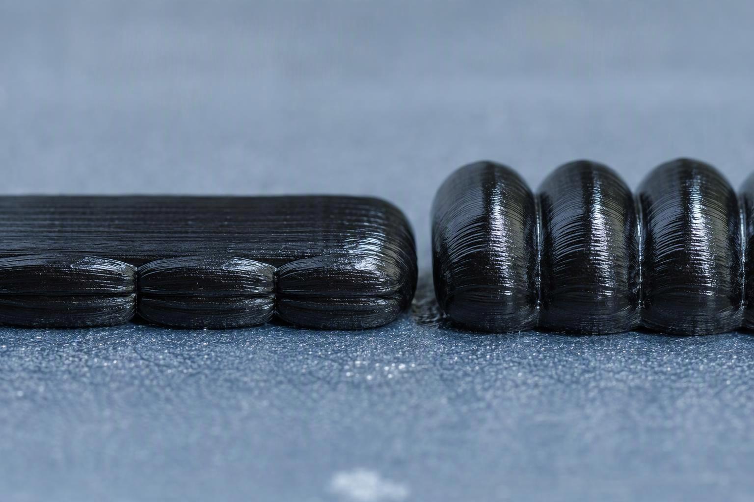 Macro comparison of flattened extrusion threads with poor contact versus rounder bead-like threads with wide contact area