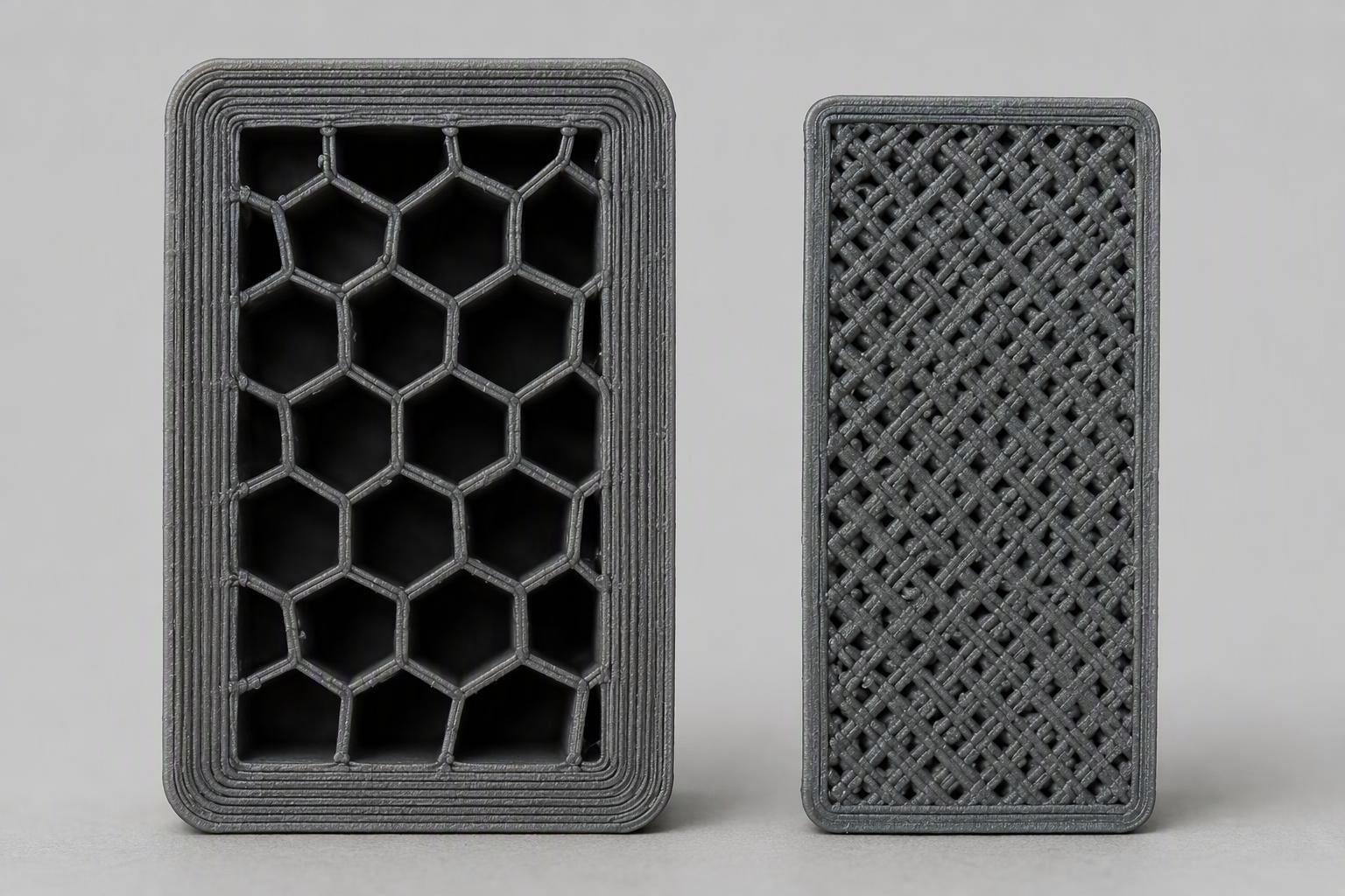 Cross-section comparison of a part with many perimeter walls and low infill next to one with a single wall and dense infill
