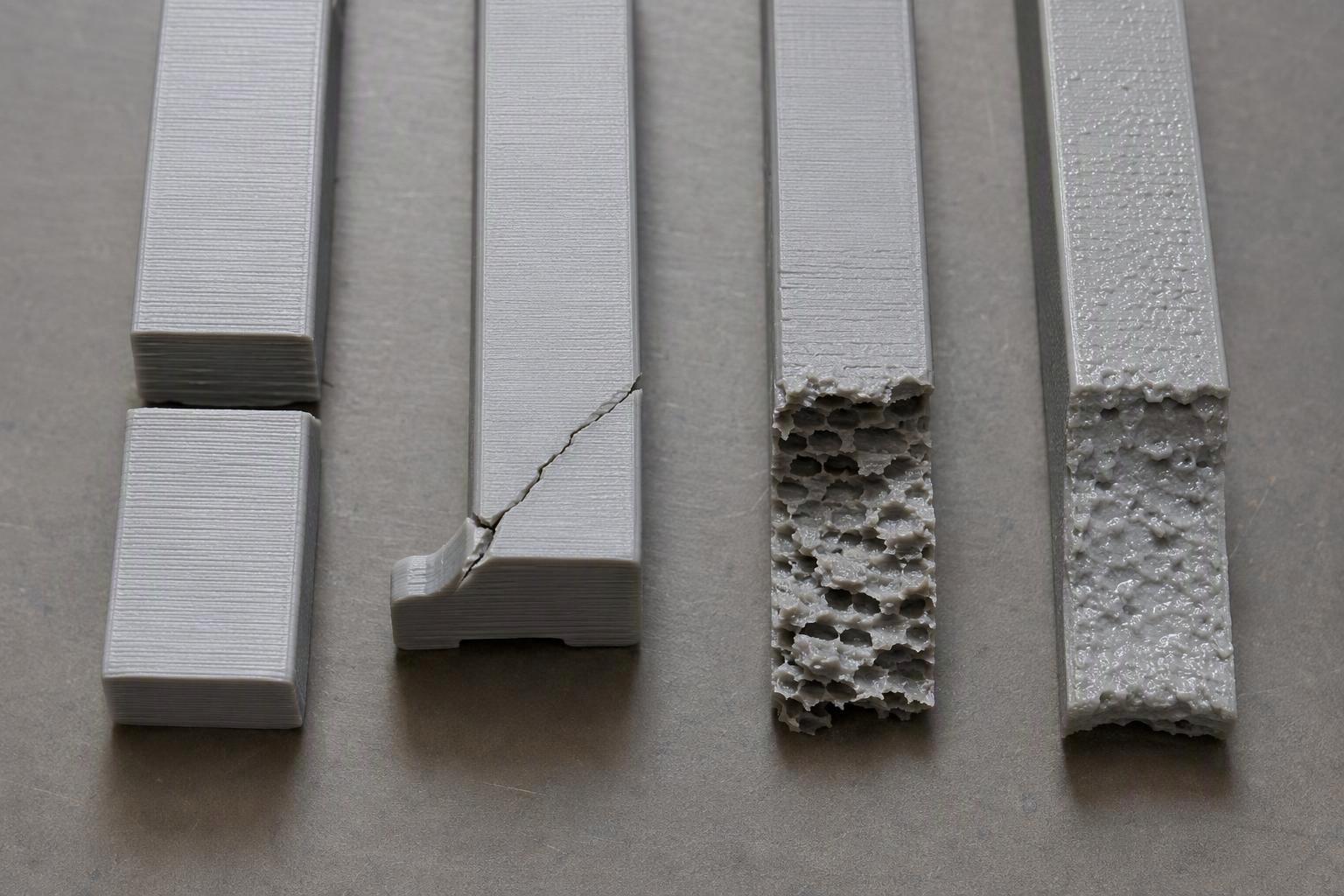Four broken 3D printed test bars side by side showing layer-line splitting, a corner crack, a porous break and a moisture-damaged break