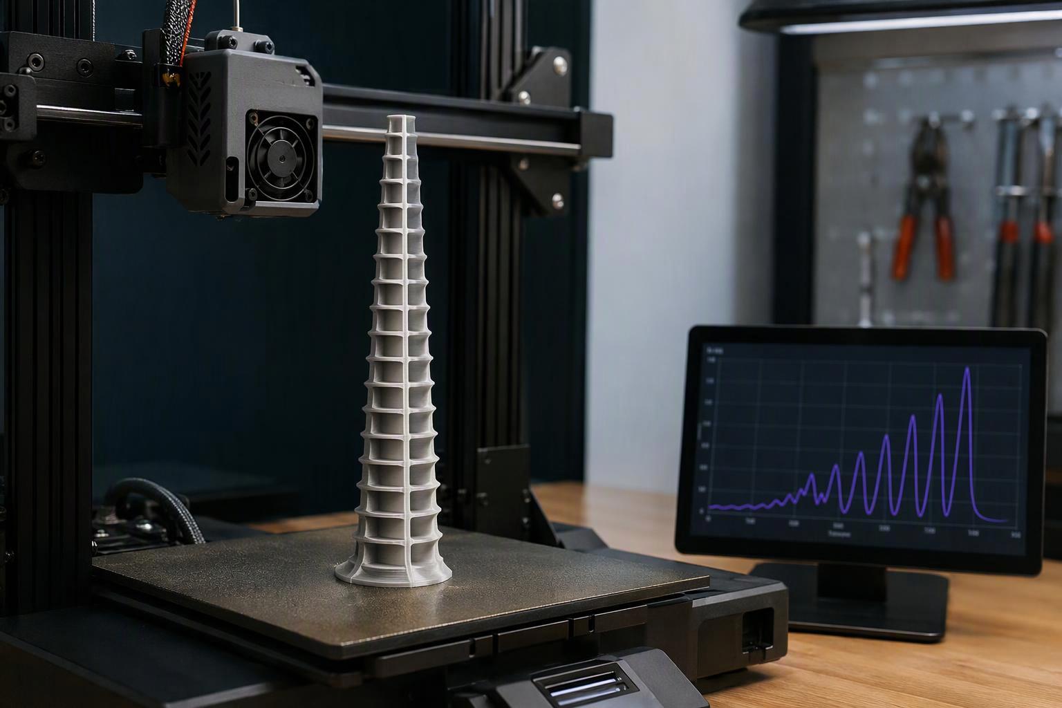 Ringing test tower printed with stepped acceleration bands to find the echo ceiling