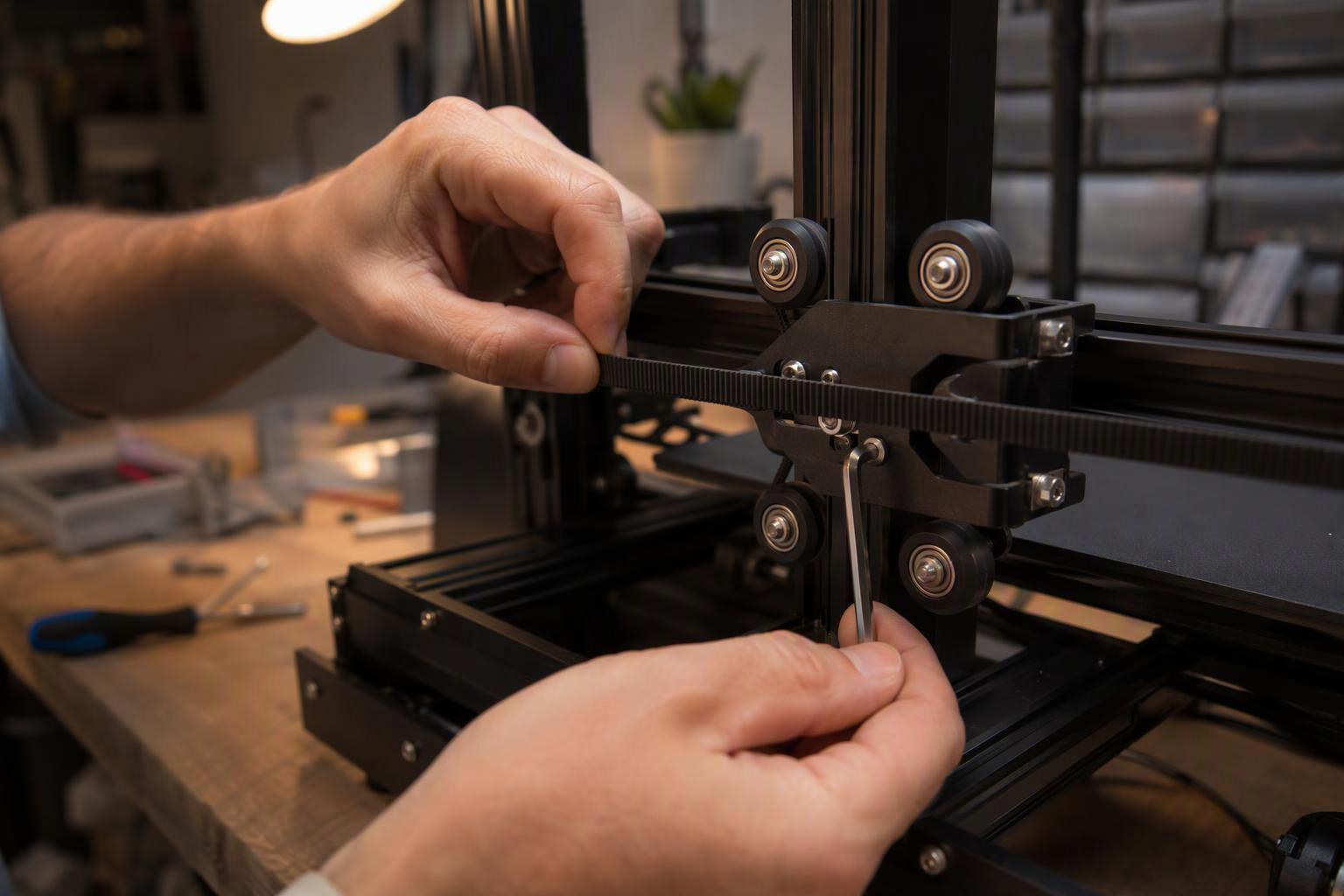 Checking belt tension, pulleys and eccentric nuts on a 3D printer before tuning