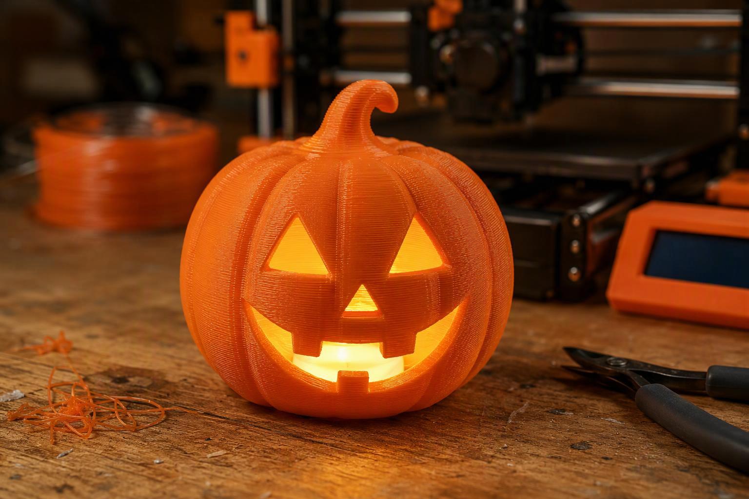 3D printed pumpkin tea light holder glowing from an LED inside