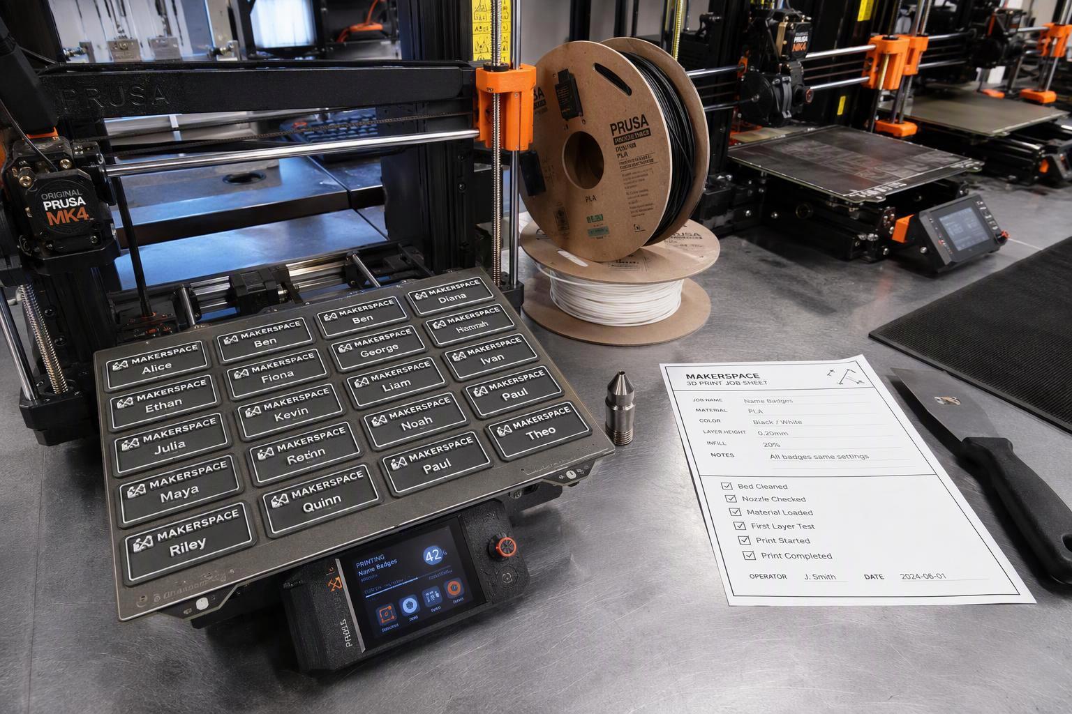 A print bed filled with twenty small badges in a makerspace batch run