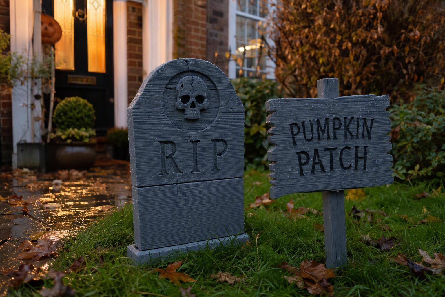 Rain-soaked 3D printed tombstone and pumpkin signage on a UK porch at dusk