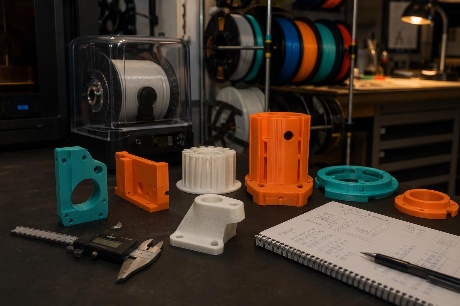 Makerspace workbench with multi-colour 3D printed parts, a caliper, a calibration log and a rack of filament spools