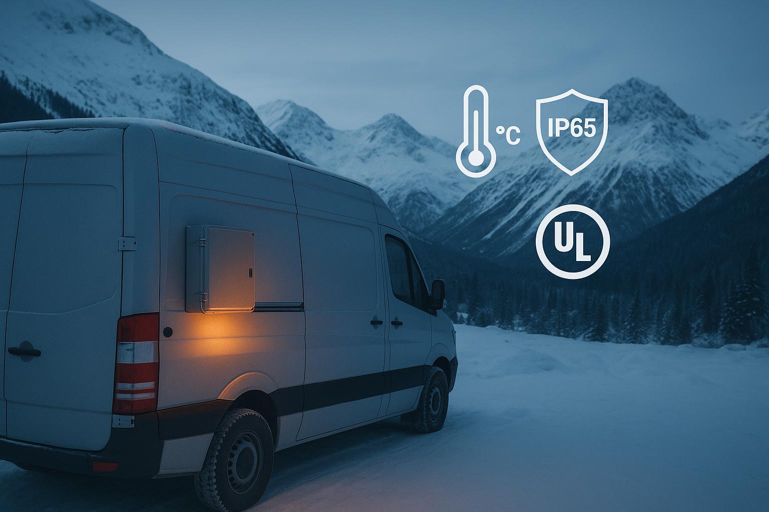 Vanlife in snow with outdoor IP65 LiFePO4 battery showing self-heating and safety icons
