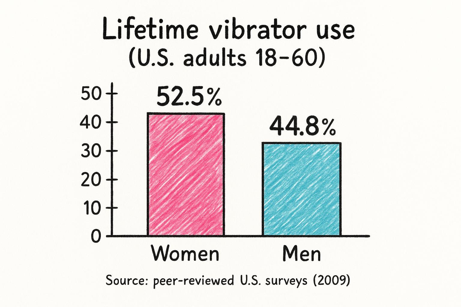 Hand-drawn bar chart showing lifetime vibrator use among U.S. adults 18–60: Women 52.5% and Men 44.8%