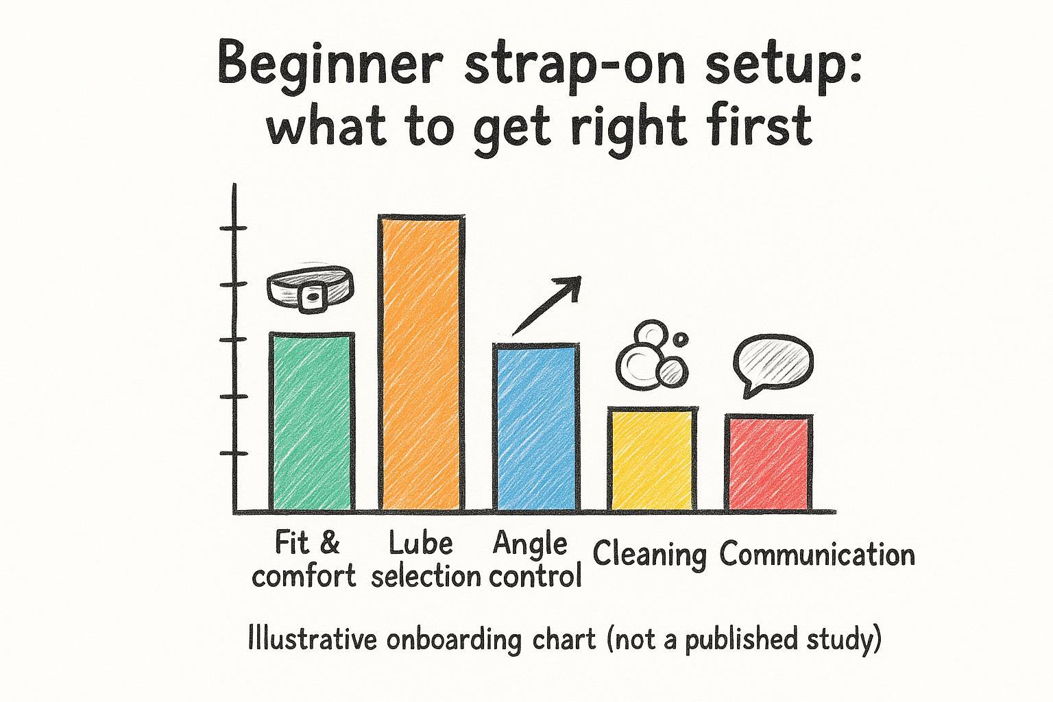 Hand-drawn chart showing beginner strap-on setup priorities (illustrative)