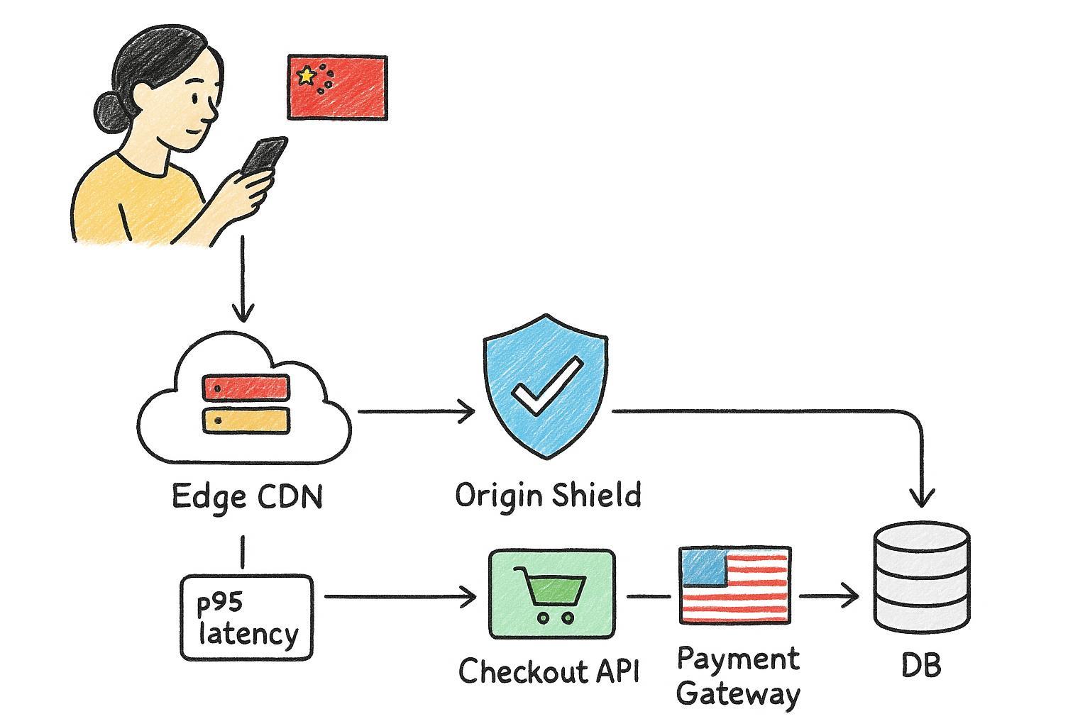 Cross-border e-commerce infrastructure China: sizing checkout + CDN back-to-origin