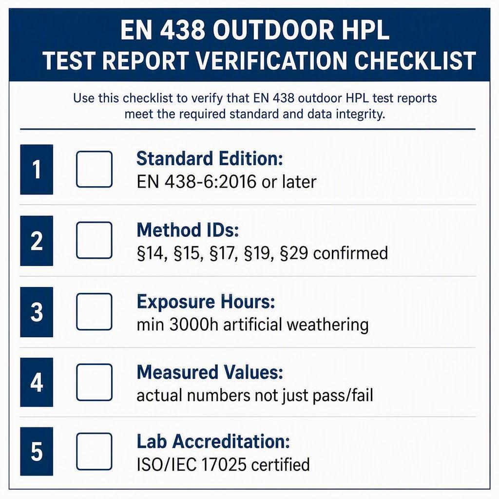 EN 438 outdoor HPL test report verification checklist