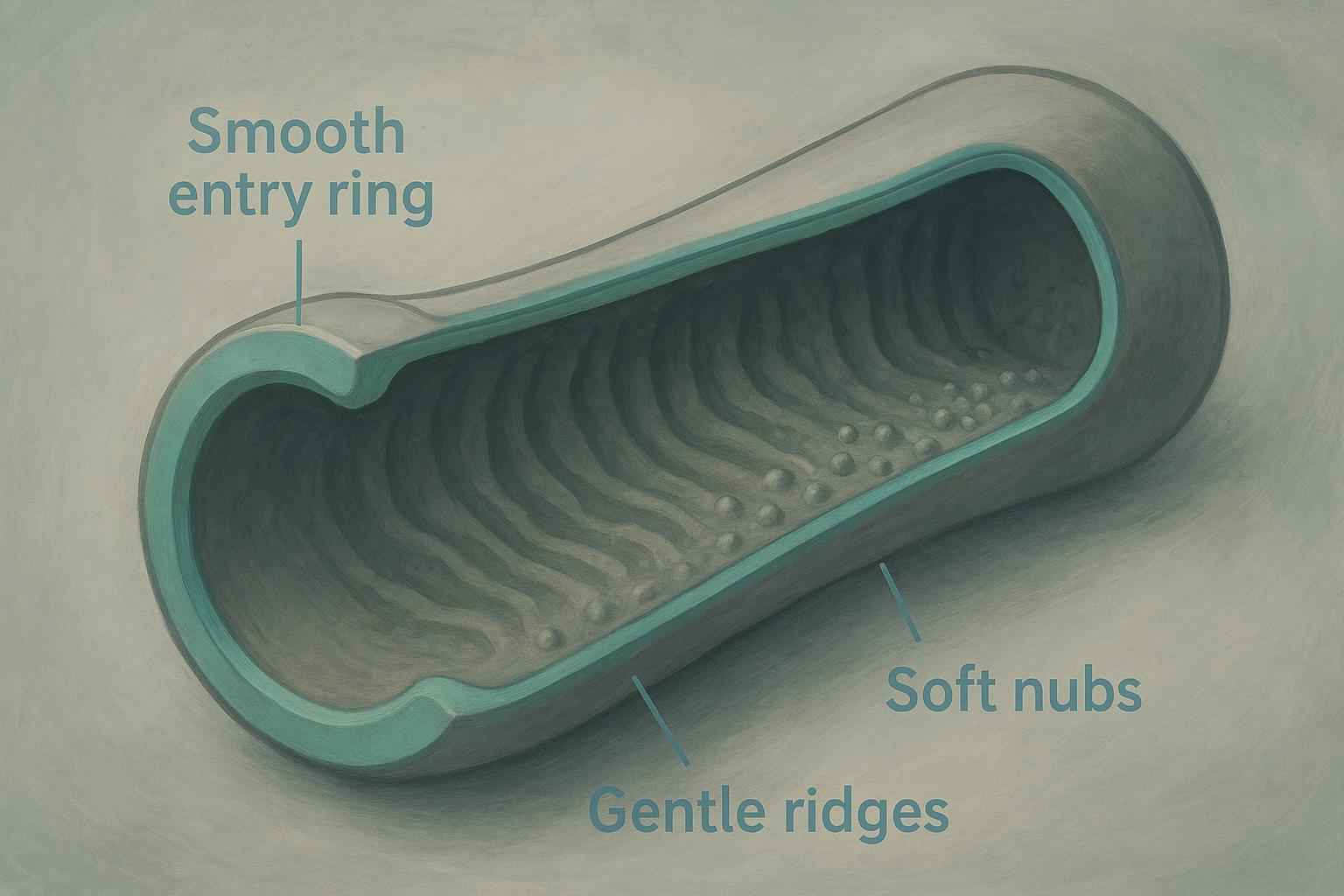 Cross-section of a male masturbator sleeve labeling a smooth entry ring, gentle ridges, and soft nubs