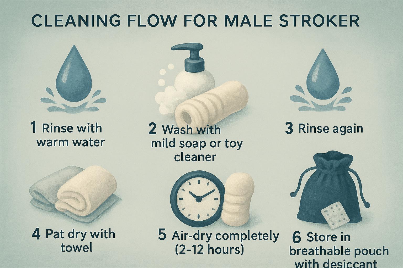 Infographic showing step-by-step male stroker cleaning and drying flow.