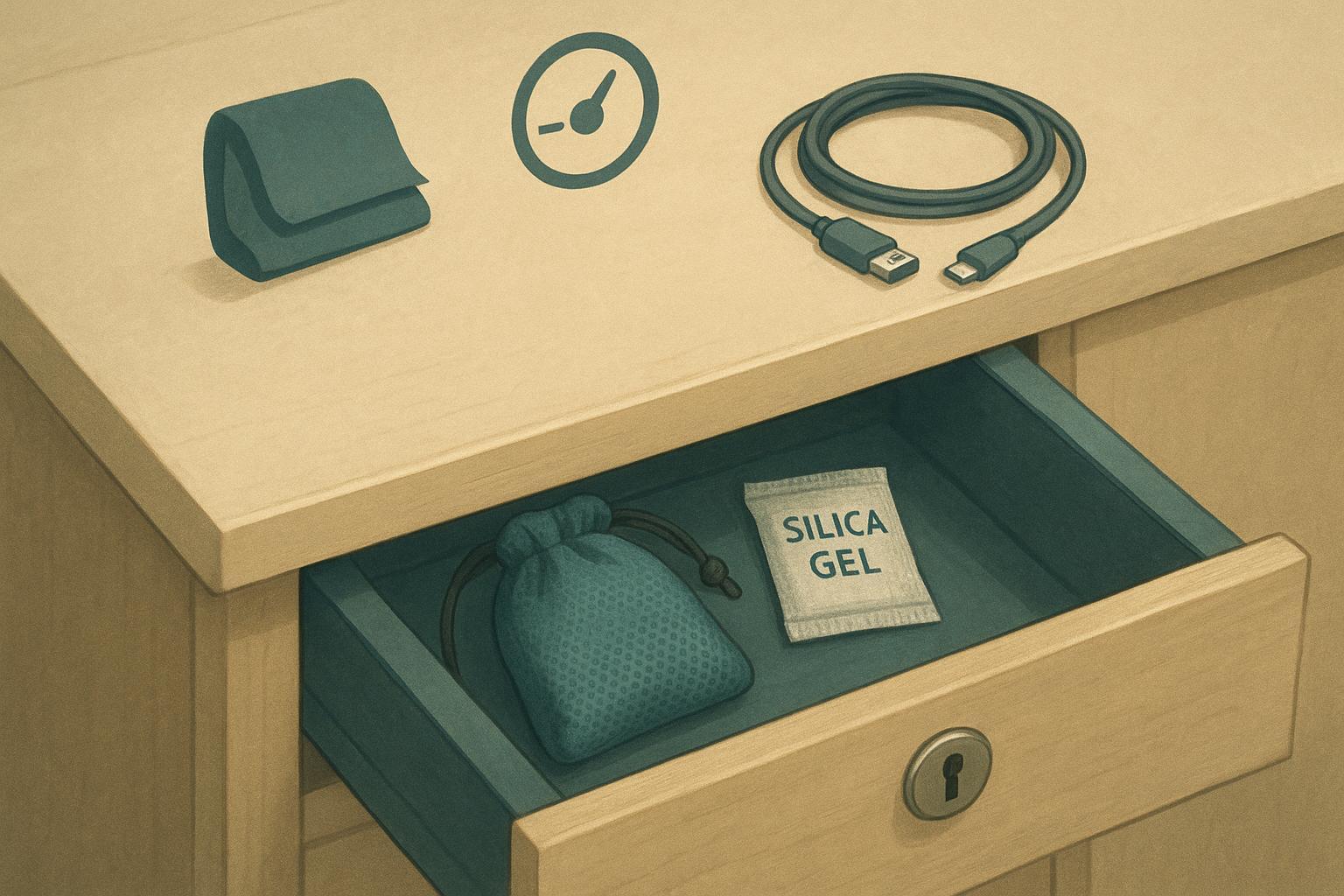 Illustration of discreet male stroker storage with locked drawer, pouch, desiccant, and charger cable management.