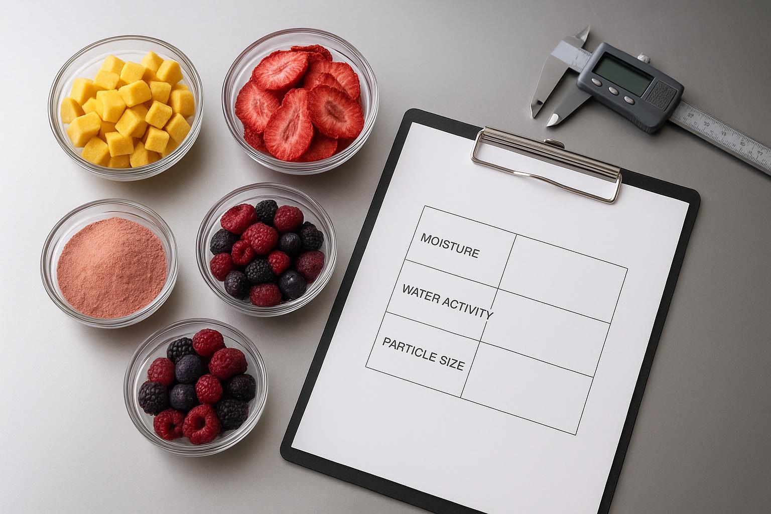 Freeze-dried fruits for snacks on a stainless worktable with a supplier spec sheet