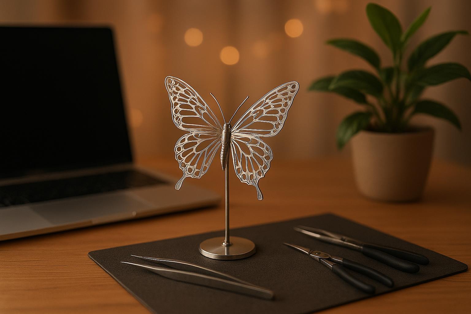 完成した初心者用金属模型が、基本的な工具と暖かい照明のあるモダンな机に飾られている様子