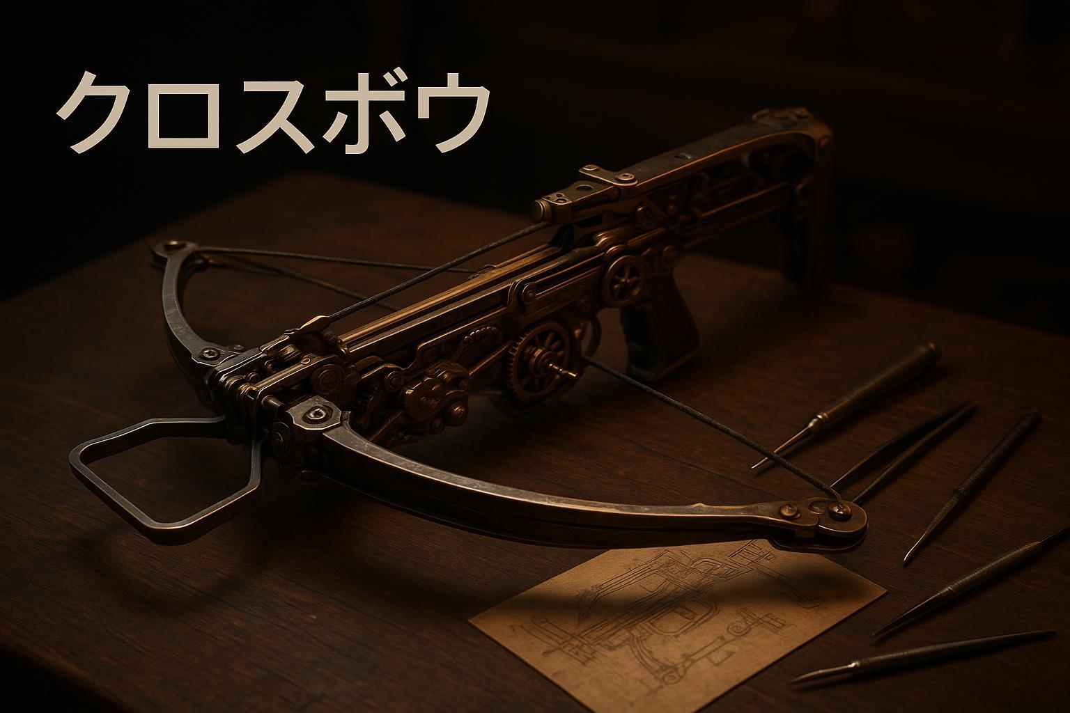 スチームパンク調の金属製クロスボウ模型と工具を並べた作業台のカバー画像
