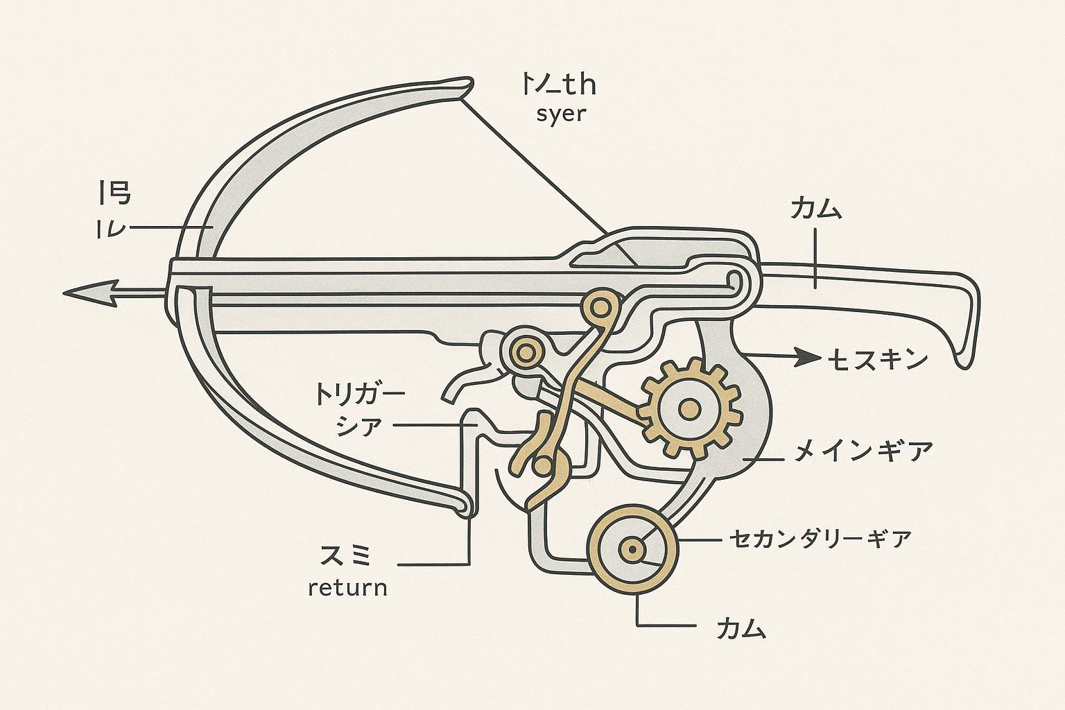 スチームクロスボウ模型の可動ギミックを示す技術図解